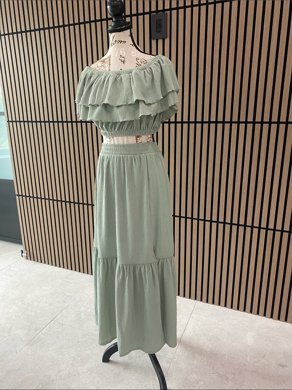 Almost Famous Sage Green Tiered Off-Shoulder Maxi Set - Picture 3 of 4